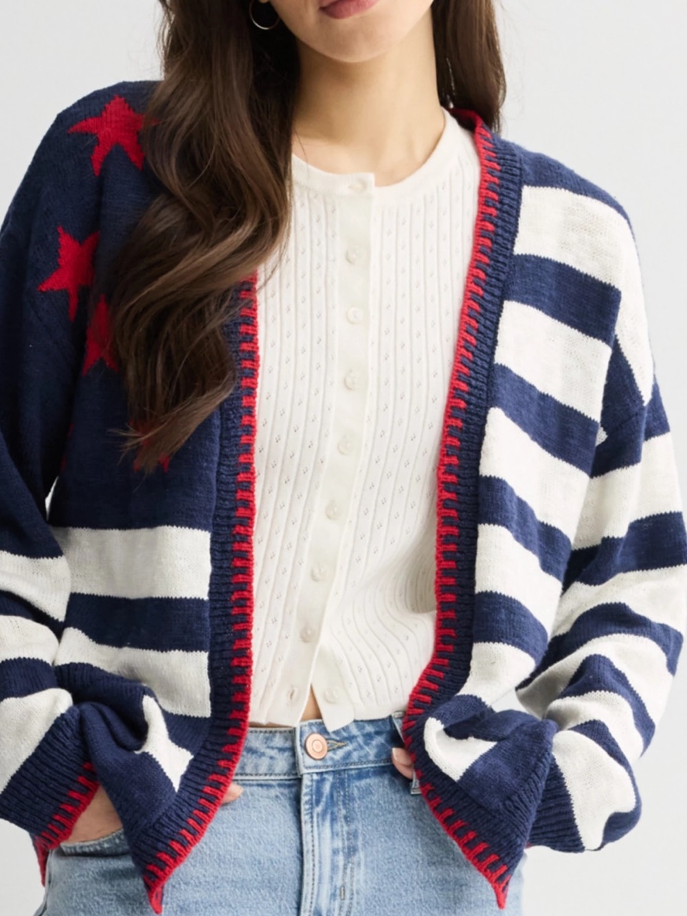 Jollidays Americana Independence Day Striped Star Open-Front Cardigan. Size XL.